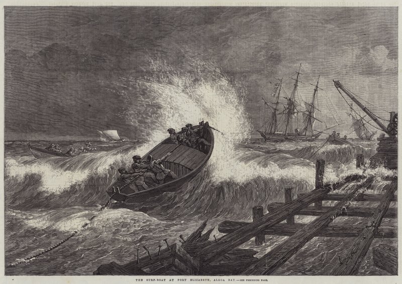 De surfboot in Port Elizabeth, Algoa Bay door William James Linton