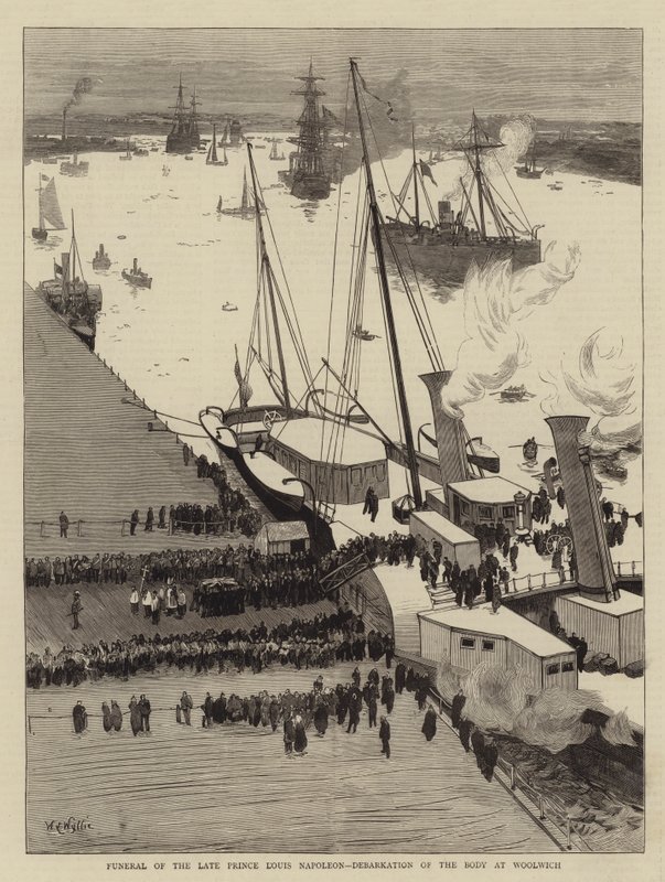 Begrafenis van wijlen Prins Louis Napoleon, Ontscheping van het Lichaam in Woolwich door William Lionel Wyllie