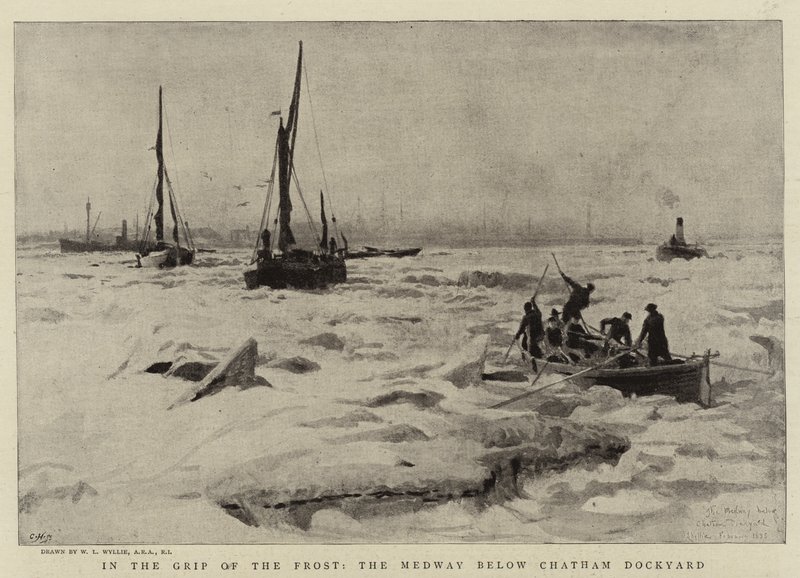 In de Greep van de Vorst, de Medway onder de Chatham Werf door William Lionel Wyllie