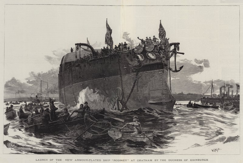Te water laten van het nieuwe pantserplaatsschip Rodney in Chatham door de hertogin van Edinburgh door William Lionel Wyllie