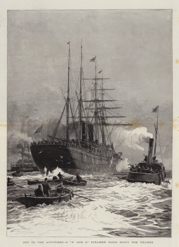Op weg naar de Antipoden, een P&O-stoomboot die de Theems afvaart door William Lionel Wyllie
