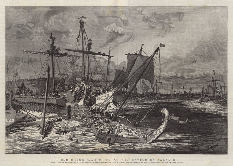 Oude Griekse Oorlogsschepen bij de Slag bij Salamis door William Lionel Wyllie