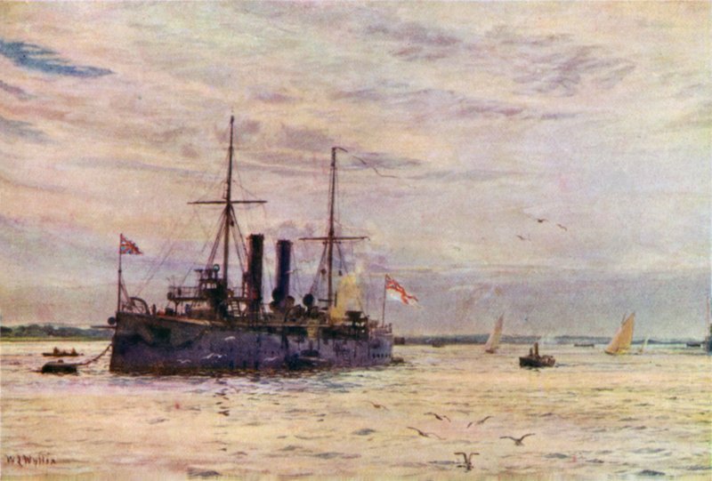 Tweede klasse kruiser van de Marineverdedigingswet Era, nu omgebouwd tot mijnenlegger door William Lionel Wyllie
