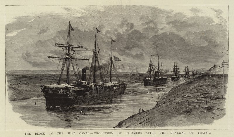 De blokkade in het Suezkanaal, processie van stoomschepen na de hervatting van het verkeer door William Lionel Wyllie