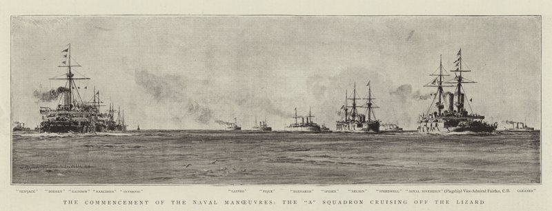 Het begin van de marine-oefeningen, het A-eskader dat voor de Lizard vaart door William Lionel Wyllie