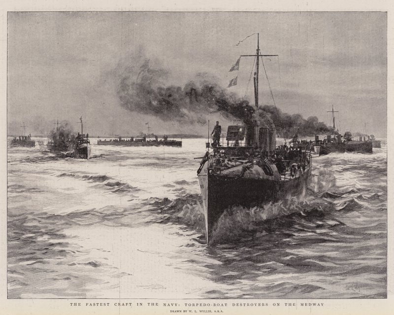 Het Snelste Vaartuig in de Marine, Torpedobootjagers op de Medway door William Lionel Wyllie