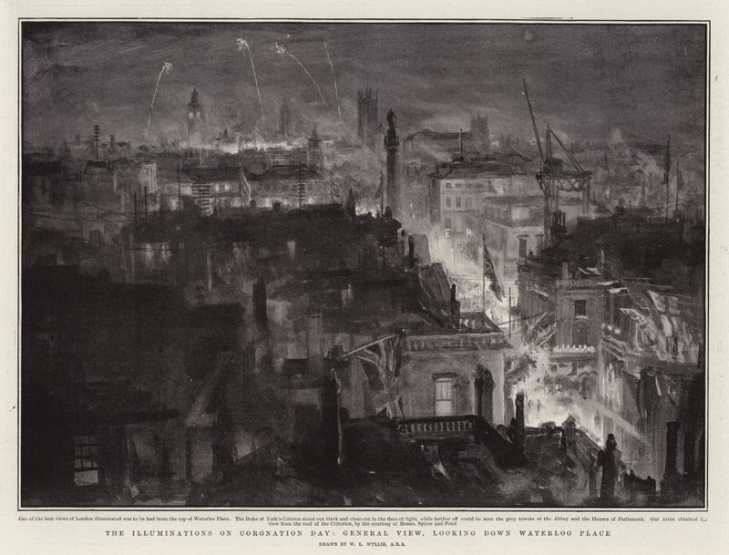 De verlichting op kroningsdag, algemeen uitzicht, kijkend naar beneden Waterloo Place door William Lionel Wyllie