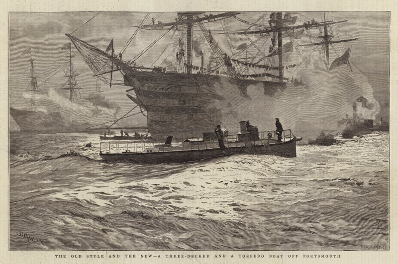 De Oude Stijl en de Nieuwe, een Drie-dekker en een Torpedoboot bij Portsmouth door William Lionel Wyllie