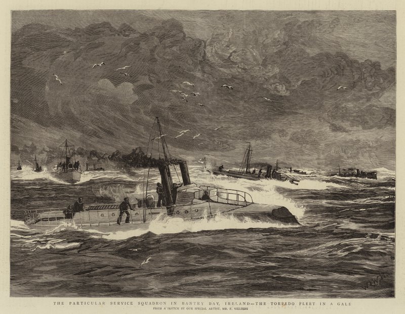 Het bijzondere diensteskader in Bantry Bay, Ierland, de torpedovloot in een storm door William Lionel Wyllie