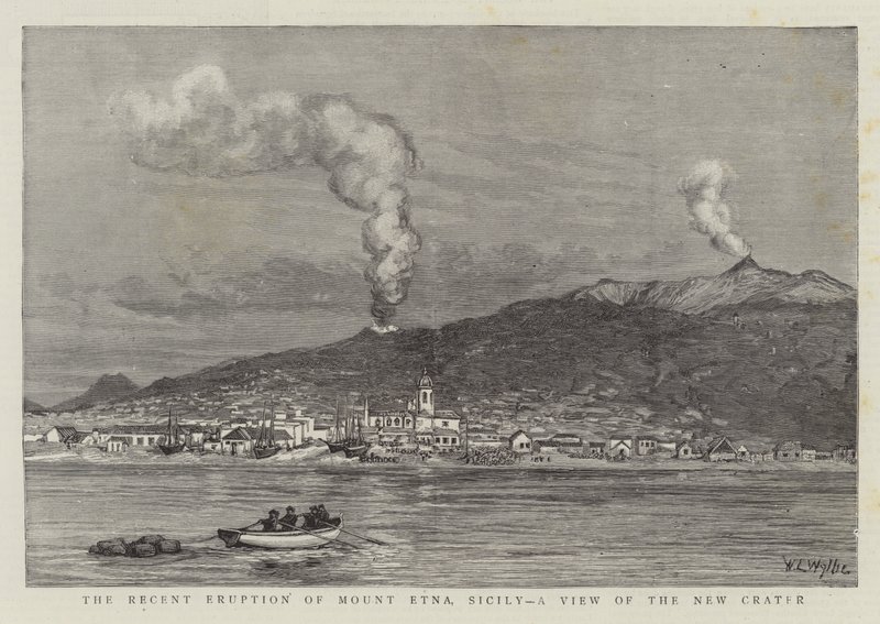 De recente uitbarsting van de Etna, Sicilië, een uitzicht op de nieuwe krater door William Lionel Wyllie