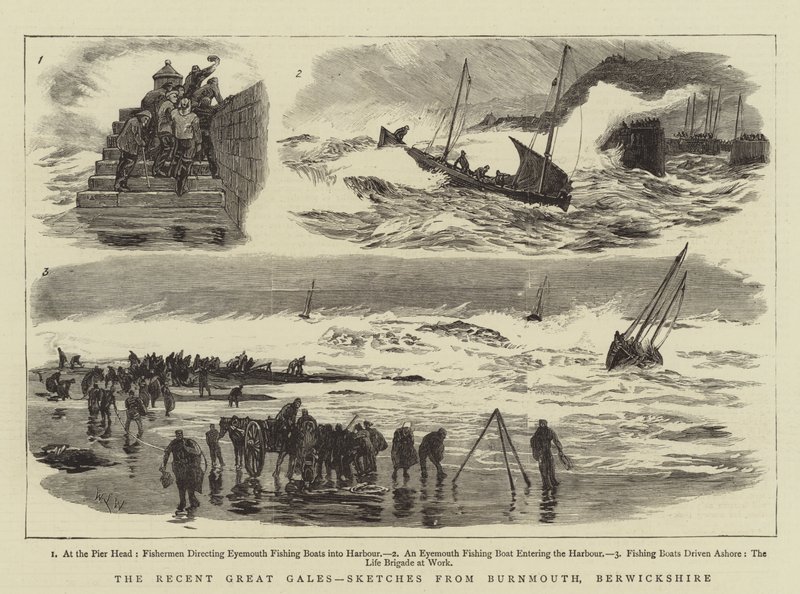 De recente grote stormen, schetsen van Burnmouth, Berwickshire door William Lionel Wyllie