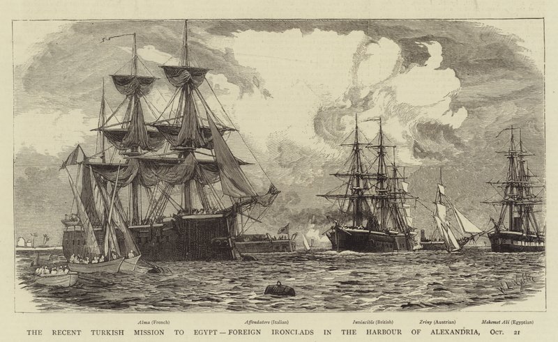 De recente Turkse missie naar Egypte, buitenlandse ijzeren schepen in de haven van Alexandrië, 21 oktober door William Lionel Wyllie