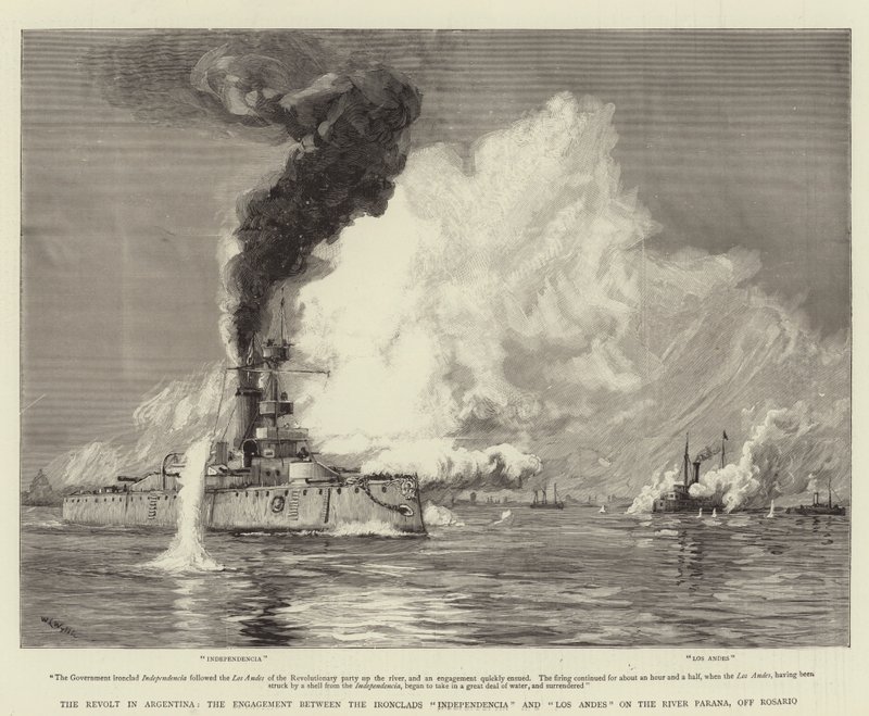 De opstand in Argentinië, het gevecht tussen de ijzeren schepen Independencia en Los Andes op de rivier Parana, bij Rosario door William Lionel Wyllie