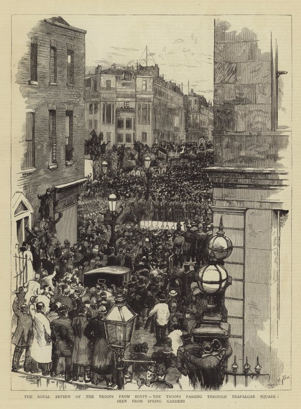 De koninklijke inspectie van de troepen uit Egypte, de troepen trekken door Trafalgar Square, gezien vanuit Spring Gardens door William Lionel Wyllie