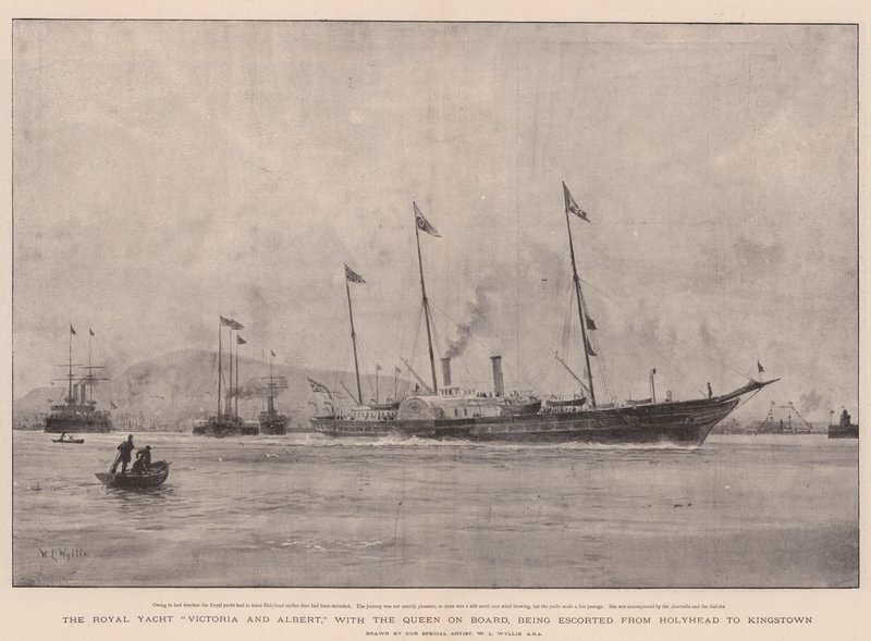 Het koninklijke jacht Victoria en Albert, met de koningin aan boord, geëscorteerd van Holyhead naar Kingstown door William Lionel Wyllie