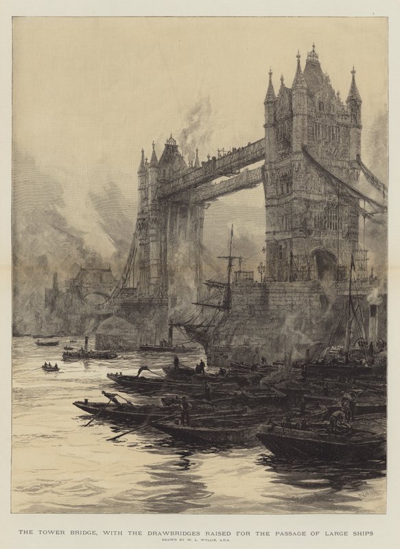 De Tower Bridge, met de ophaalbruggen omhoog voor de doorgang van grote schepen door William Lionel Wyllie