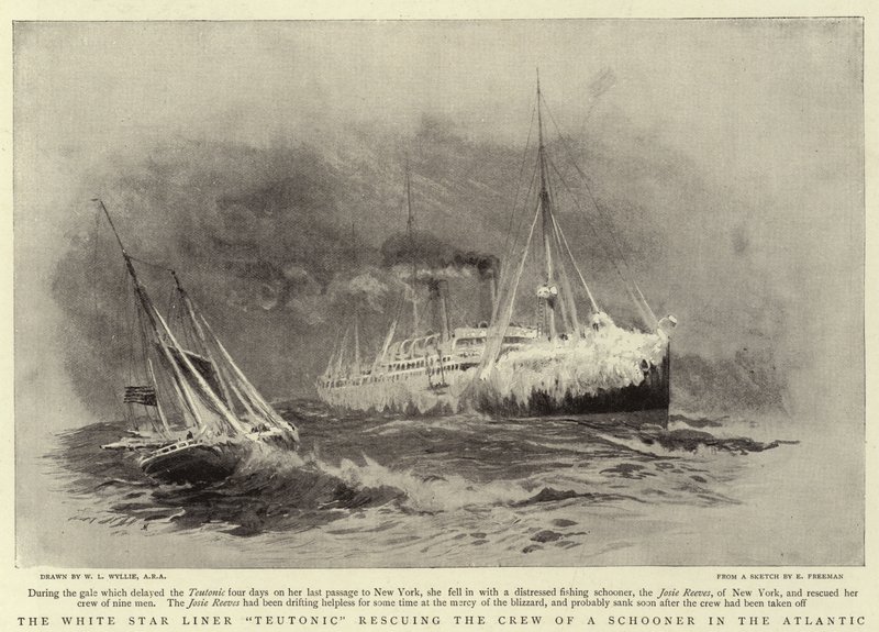 De White Star Liner Teutonic redt de bemanning van een schoener in de Atlantische Oceaan door William Lionel Wyllie