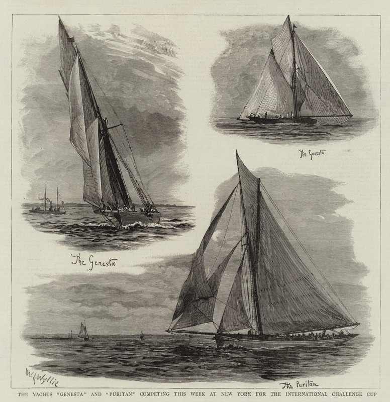 De Jachten Genesta en Puritan strijden deze week in New York om de Internationale Uitdaging Cup door William Lionel Wyllie