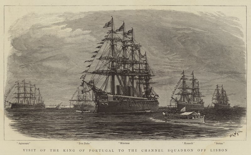 Bezoek van de koning van Portugal aan het Kanaalsquadron bij Lissabon door William Lionel Wyllie