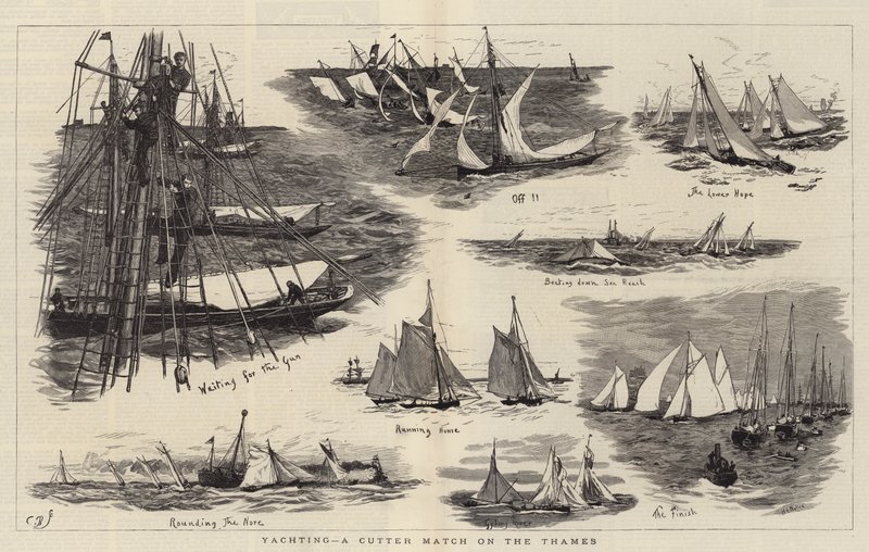 Zeilen, een cutterwedstrijd op de Theems door William Lionel Wyllie