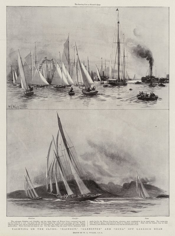 Zeilen op de Clyde, Rainbow, Gleniffer en Bona bij Garroch Head door William Lionel Wyllie