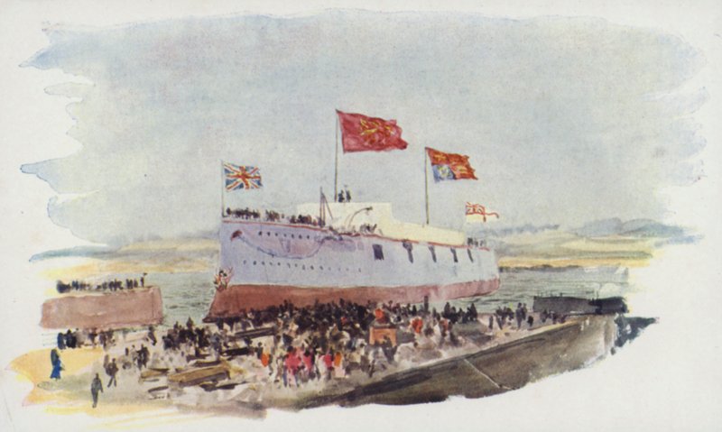 Een Slagschip te Water Laten, Chatham Dockyard door William Lionel Wyllie