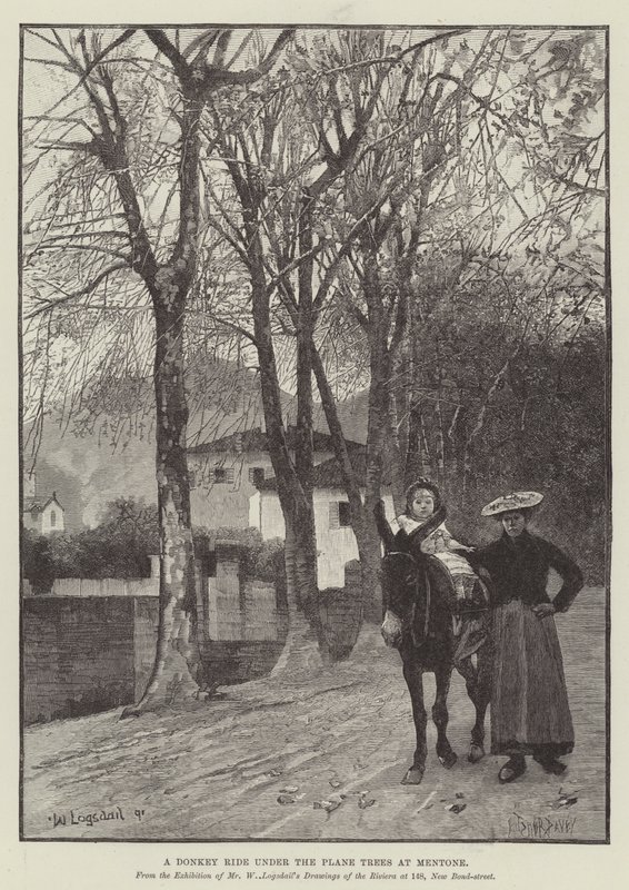 Een Ezelrit onder de Platanen in Mentone door William Logsdail