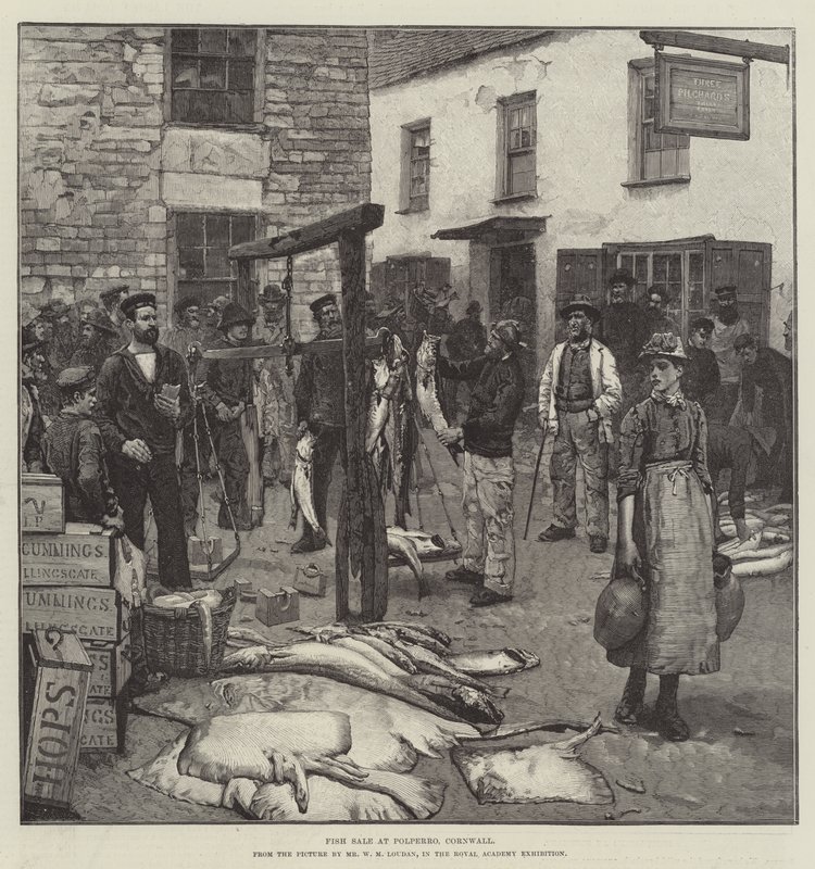 Visverkoop in Polperro, Cornwall door William Mouat Loudan