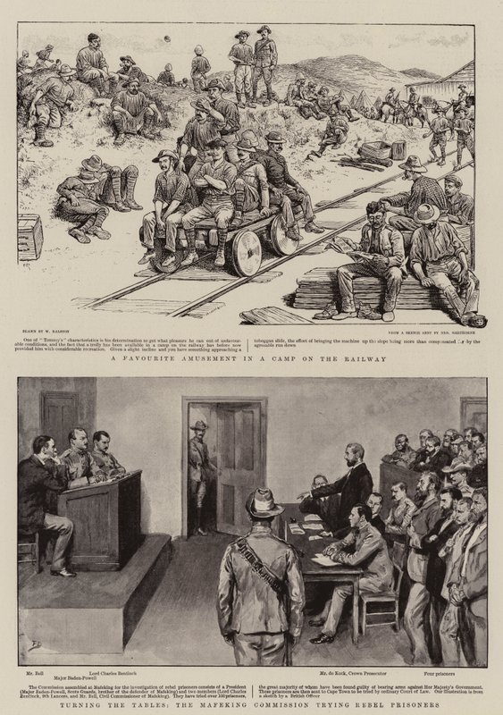 Een Favoriete Bezigheid in een Kamp bij de Spoorweg, De Tafels Keren, de Mafeking Commissie die Rebel Gevangenen Beproeft door William Ralston