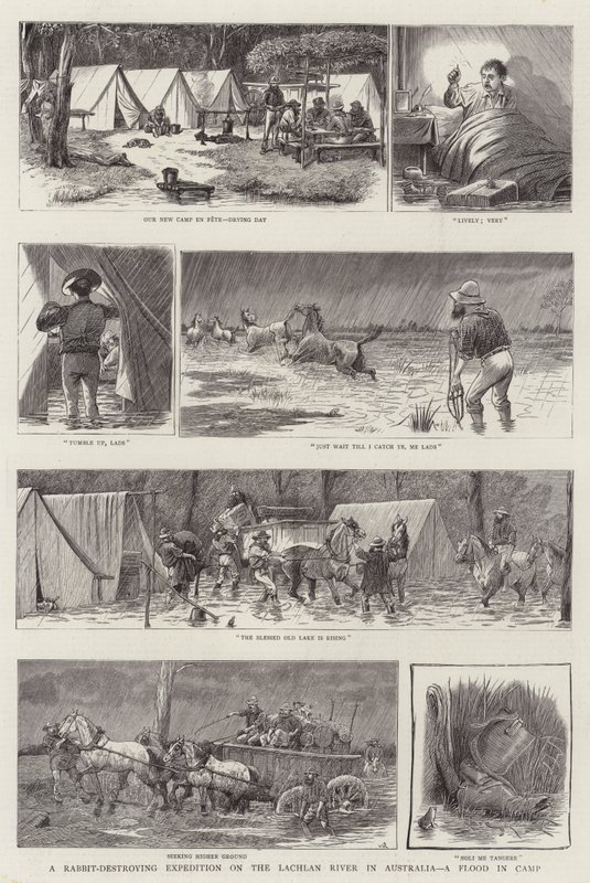 Een konijnenvernietigingsexpeditie aan de Lachlan-rivier in Australië, een overstroming in het kamp door William Ralston