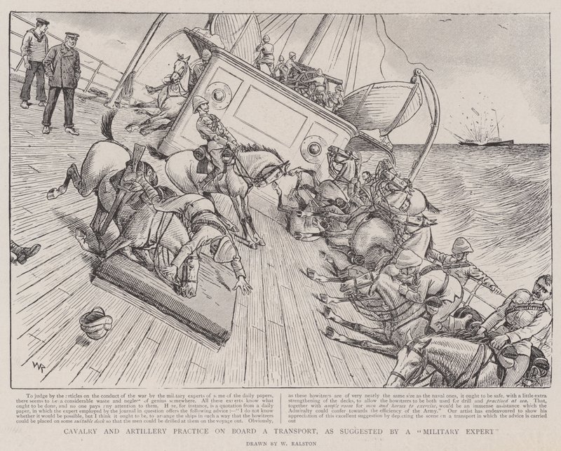 Cavalerie- en artillerieoefening aan boord van een transport, zoals voorgesteld door een militaire expert door William Ralston
