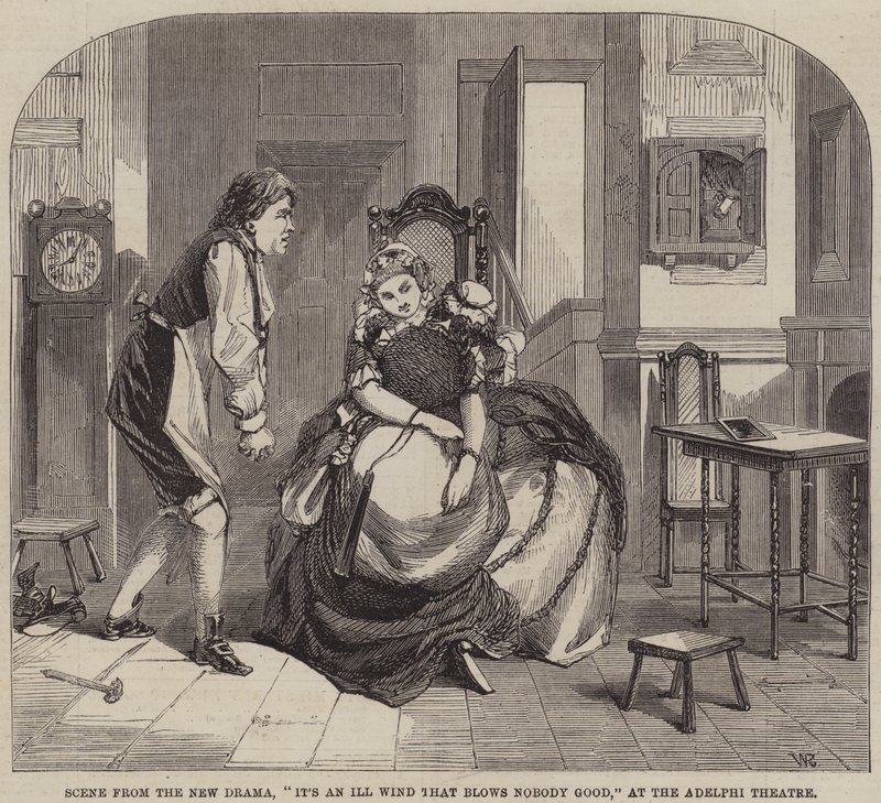 Scène uit het nieuwe drama, Het is een slechte wind die niemand goed doet, in het Adelphi Theatre door William Ralston