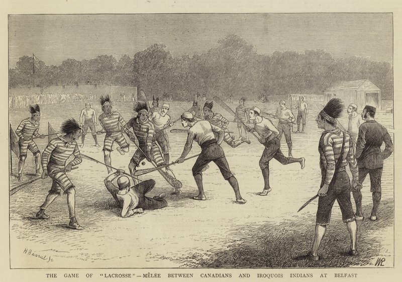 Het spel lacrosse, mêlee tussen Canadezen en Iroquois-indianen in Belfast door William Ralston