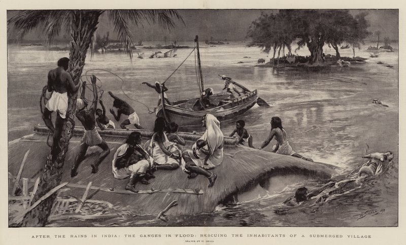 Na de regens in India, de Ganges in overstroming, redding van de inwoners van een ondergelopen dorp door William Small