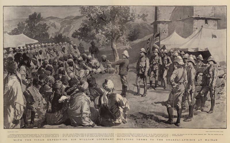 Met de Tirah-expeditie, Sir William Lockhart dicteert voorwaarden aan de Orakzai-Afridis in Maidan door William Small