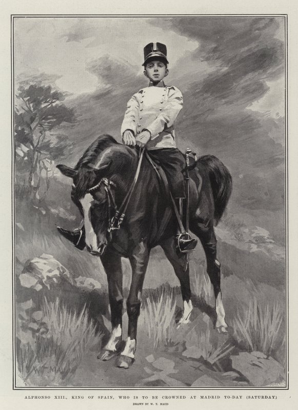 Alphonso XIII, Koning van Spanje, die vandaag (zaterdag) in Madrid wordt gekroond door William T. Maud