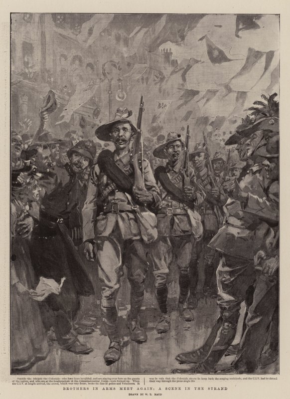 Broeders in Wapens Ontmoeten elkaar weer, Een Scène in de Strand door William T. Maud