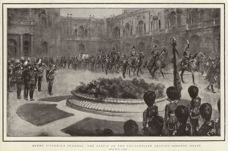 Begrafenis van koningin Victoria, de kist op het kanonrijtuig verlaat Osborne House door William T. Maud