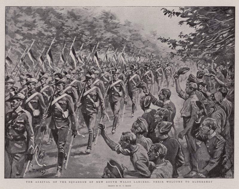 De aankomst van het squadron van de New South Wales Lancers, hun welkom in Aldershot door William T. Maud