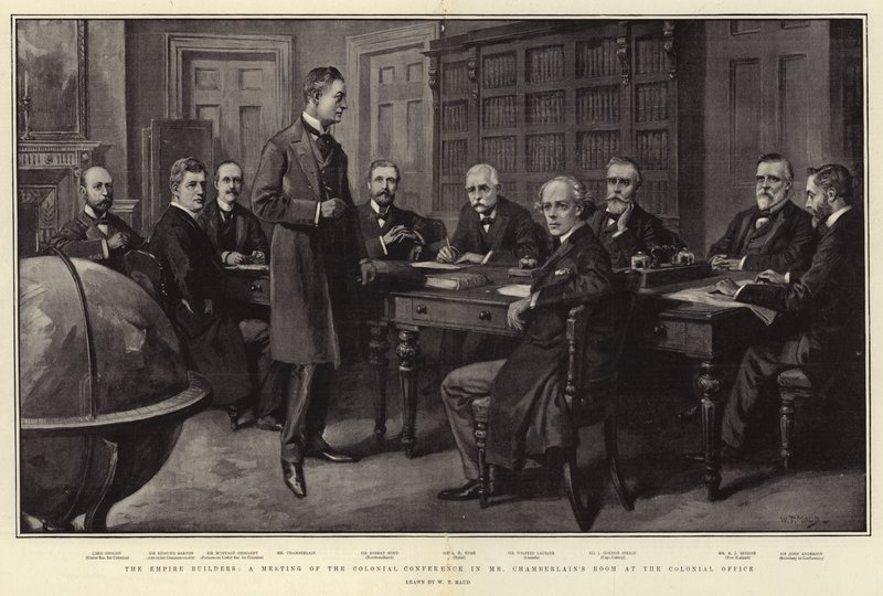 De Empire Builders, een bijeenkomst van de Koloniale Conferentie in de kamer van Mr Chamberlain op het Koloniaal Bureau door William T. Maud