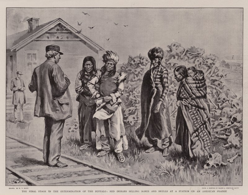 De laatste fase in de uitroeiing van de buffel, Rode Indianen verkopen botten en schedels op een station op een Amerikaanse prairie door William T. Maud