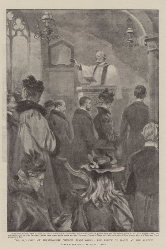 De heropening van de Shernbourne kerk, Sandringham, de Prins van Wales bij de dienst door William T. Maud
