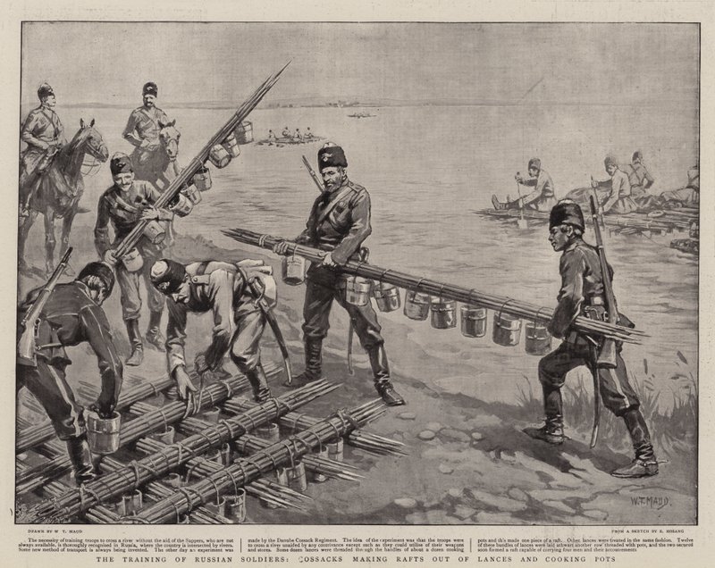 De Training van Russische Soldaten, Kozakken maken Vlotten van Lansen en Kookpotten door William T. Maud