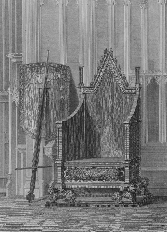 De Kroningsstoel van de Engelse Soevereinen, met het Schild en Zwaard van Staat van Edward de Derde, Westminster Abbey door William (after) Capon