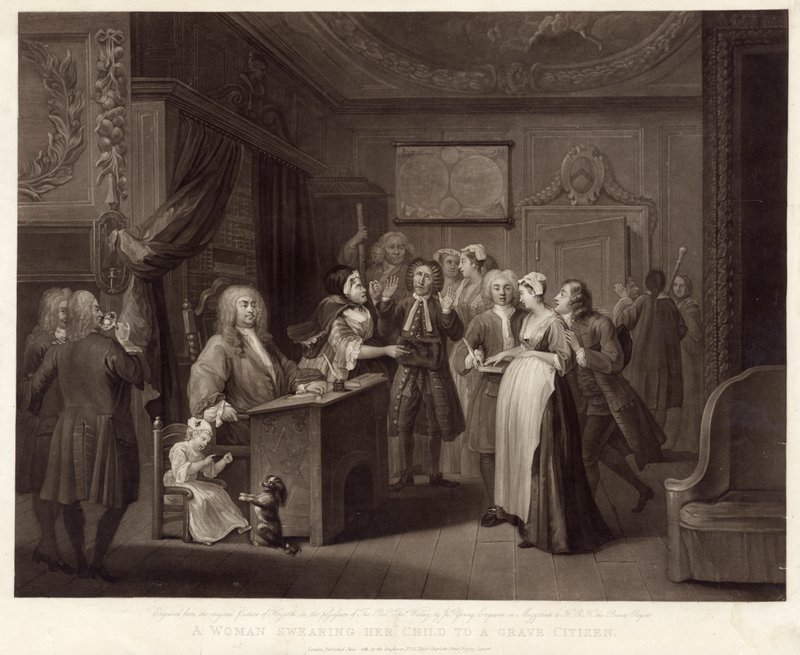Een vrouw die haar kind zweert aan een ernstige burger door William (after) Hogarth