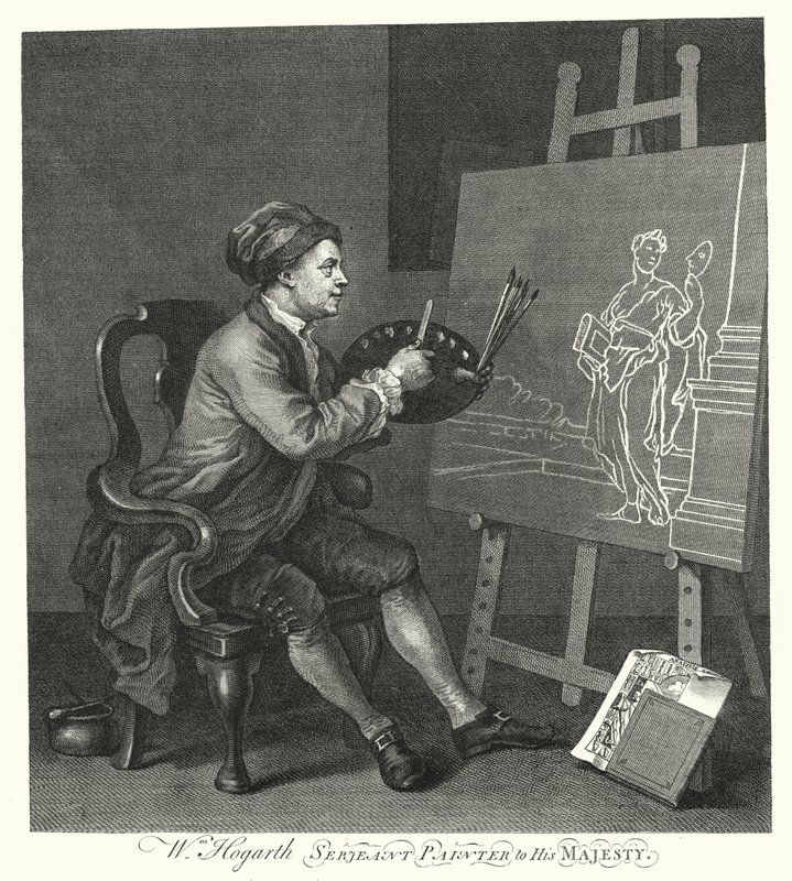 Zelfportret van de Engelse kunstenaar William Hogarth (gravure) door William (after) Hogarth