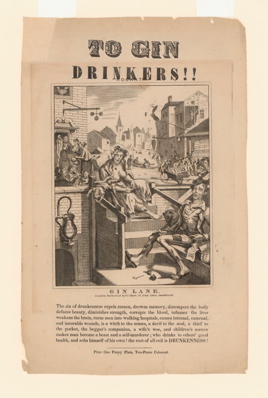 Waarschuwing voor gin drinkers (litho) door William (after) Hogarth