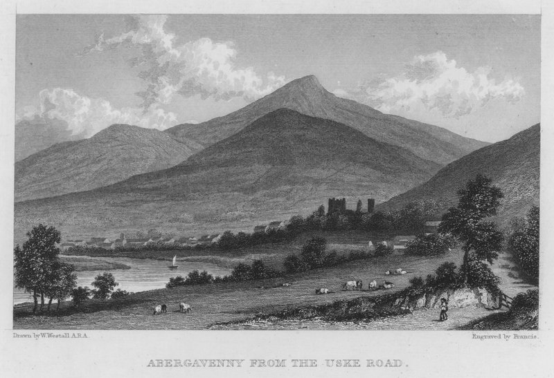 Abergavenny vanaf de Uske Weg door William (after) Westall
