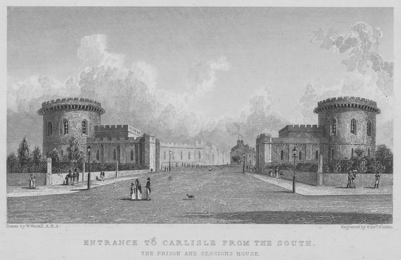 Ingang naar Carlisle vanuit het zuiden, de gevangenis en het gerechtsgebouw (gravure) door William (after) Westall