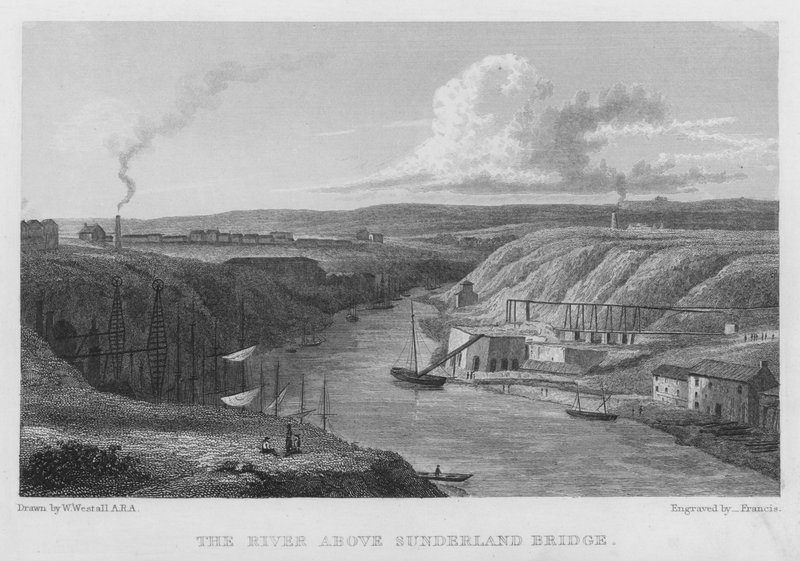 De rivier boven de Sunderland-brug (gravure) door William (after) Westall